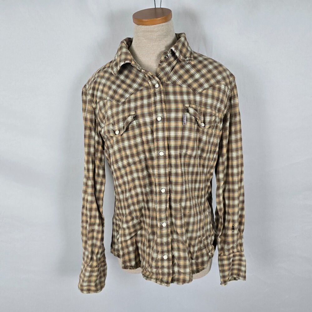 Carhartt Flannel Women's M Brown Tan Plaid Work Shirt Cotton Pearl Snaps Pockets